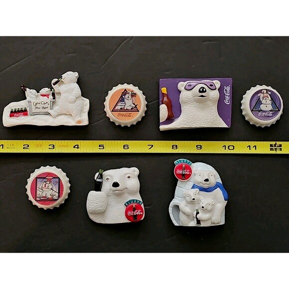 VINTAGE 1996 COCA-COLA 3D Polar Bear  & Bottle Caps COLLECTIBLE MAGNET LOT of 7 - Picture 1 of 16